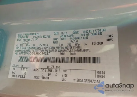 2018 Ford F-150 Xlt из США, поврежденный, VIN 1FTEW1CG8JKC84227